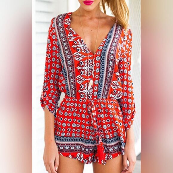 Red V Neck Tribe Pattern 3/4 Sleeve Romper - Picture 1 of 11